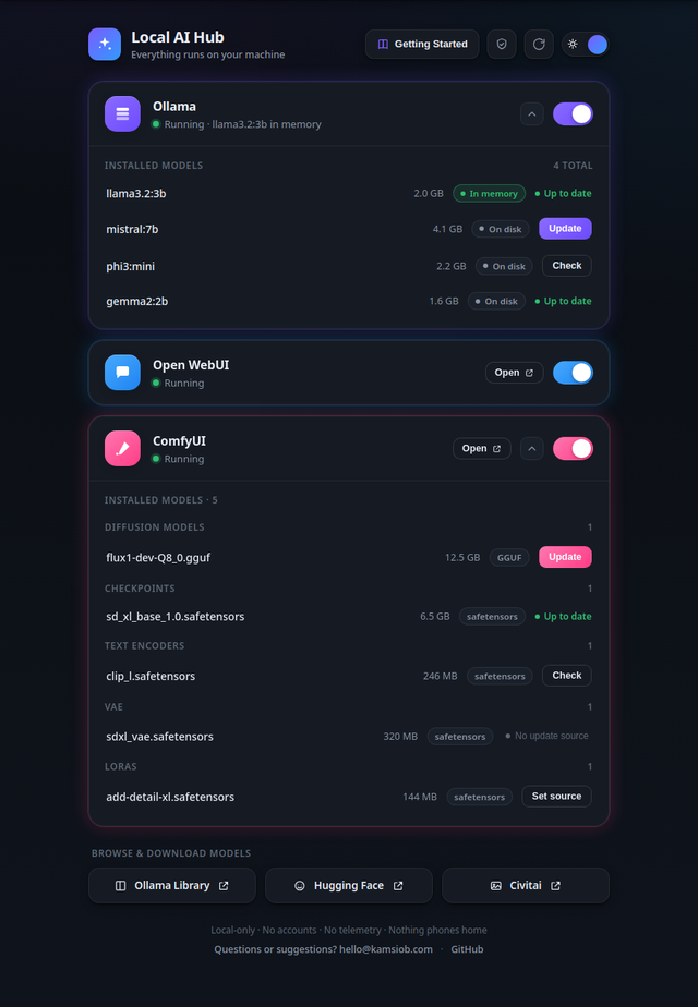 Local AI Hub main panel
