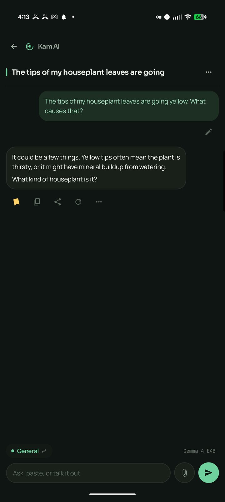 A Kam AI conversation running in airplane mode